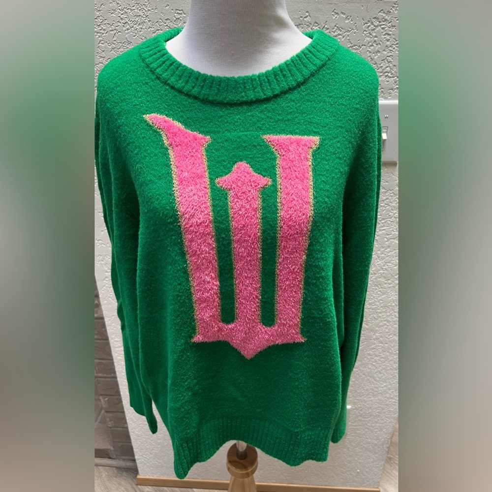 Women’s graphic sweater in green w pink graphic “W” from the movie Wicked Small